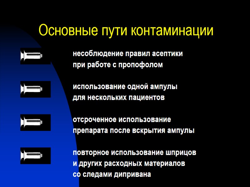 Основные пути контаминации несоблюдение правил асептики  при работе с пропофолом  использование одной